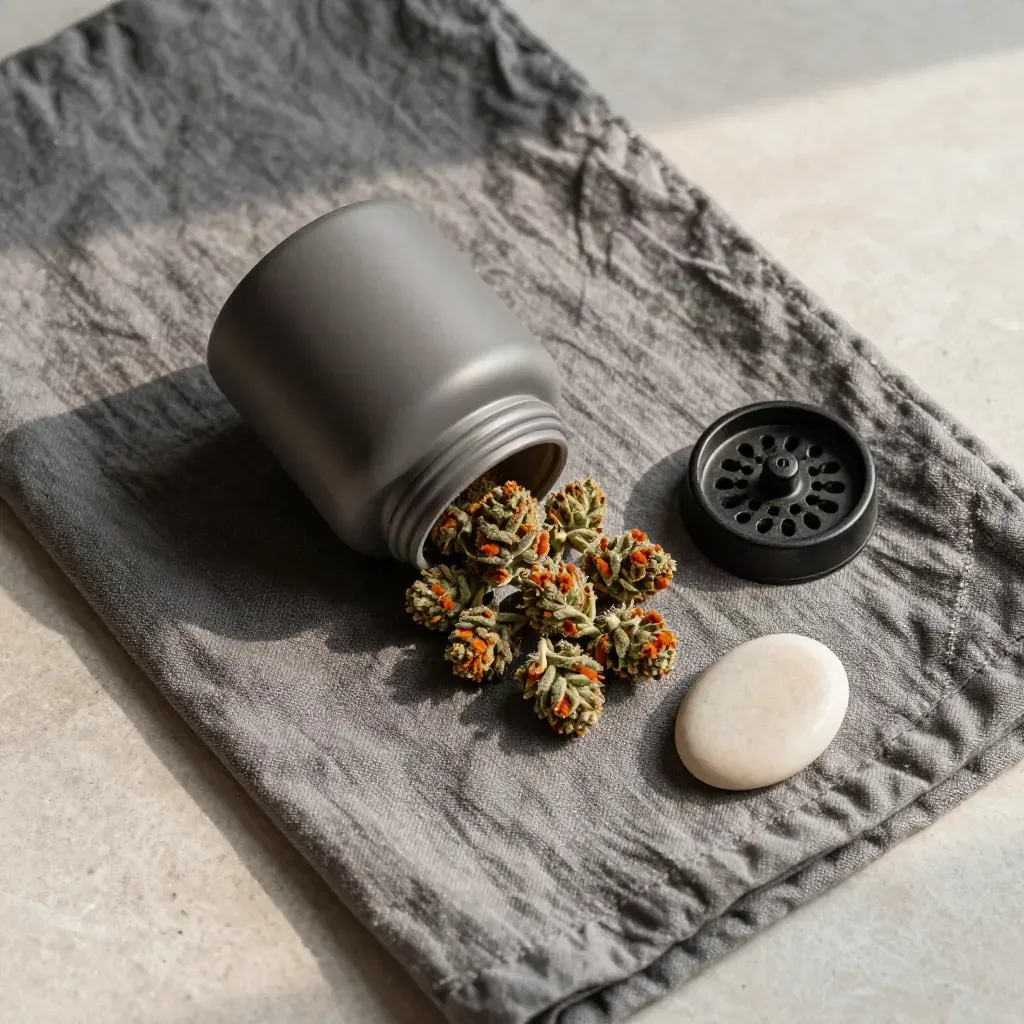 Top-down flatlay of a flower jar, buds, grinder and linen on pale stone.