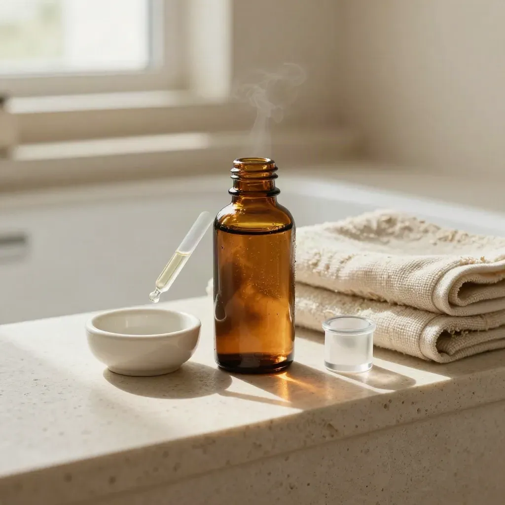 Amber tincture bottle with dropper, ceramic dish, and linen towel on a travertine ledge.