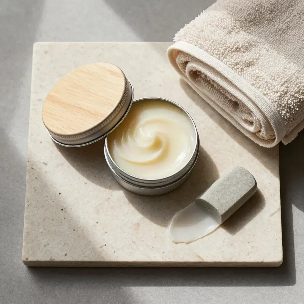 Top-down arnica balm tin, wooden lid, towel, and stone scoop on pale travertine.