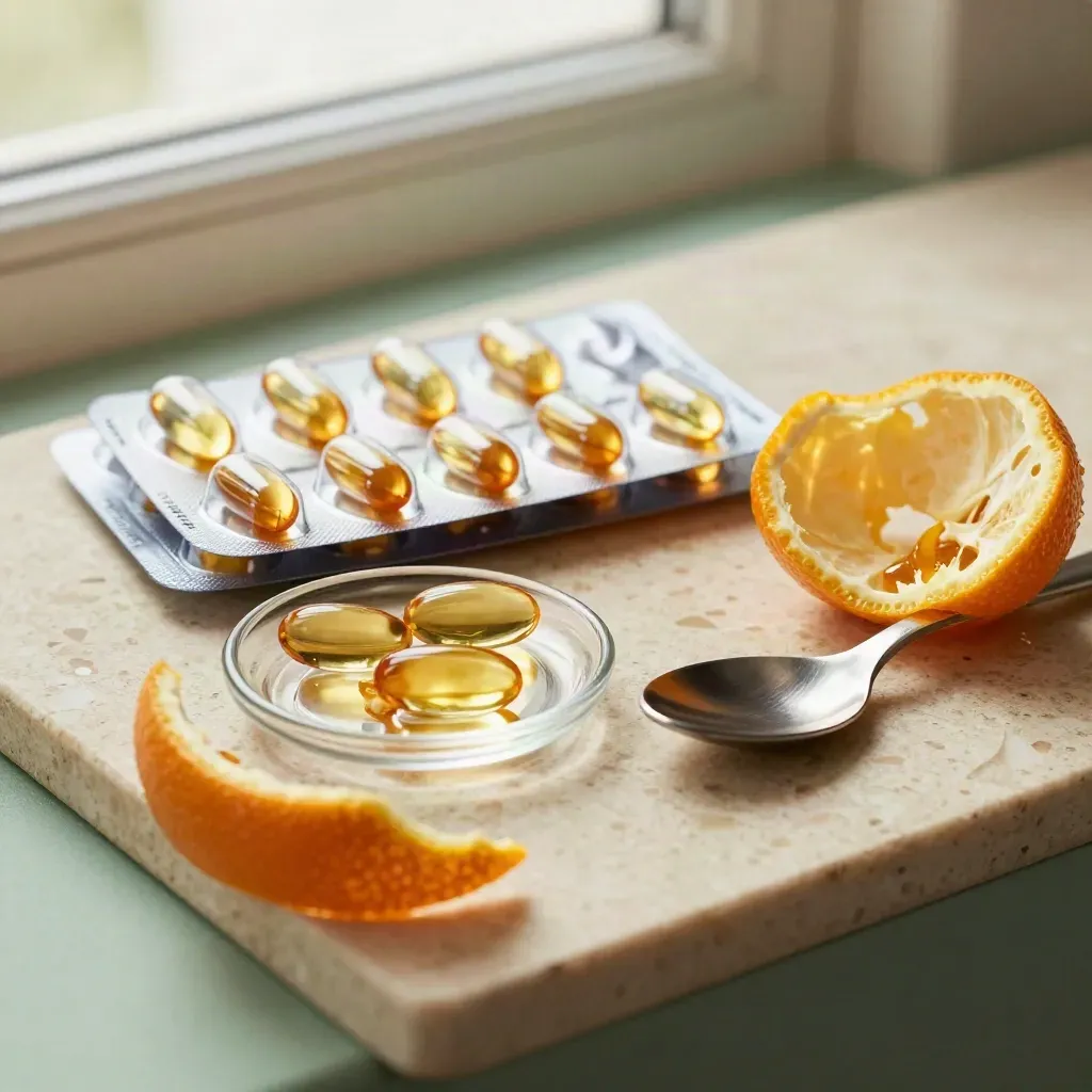 Amber softgels with blister pack, citrus rind, and steel spoon on travertine.