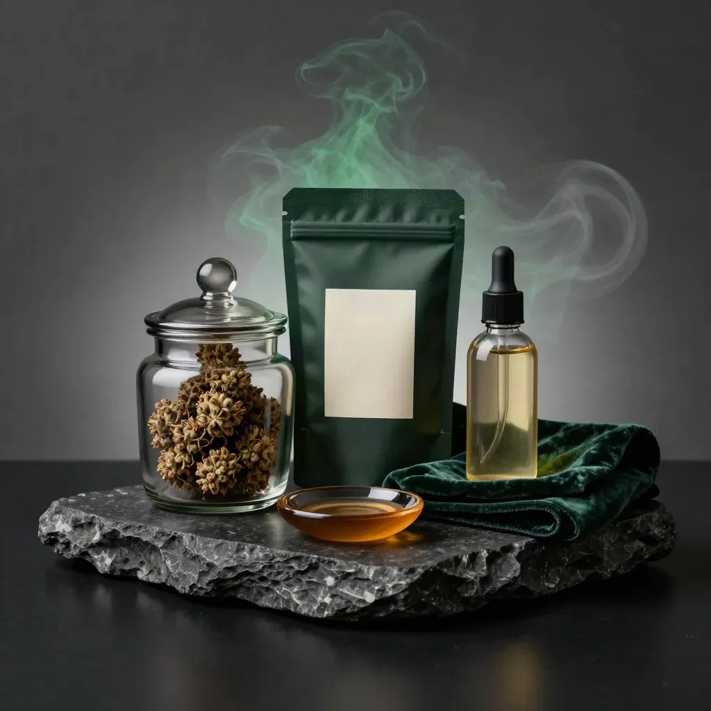 Flower jar, gummy pouch, tincture bottle, velvet cloth, and amber dish on a dark plinth.