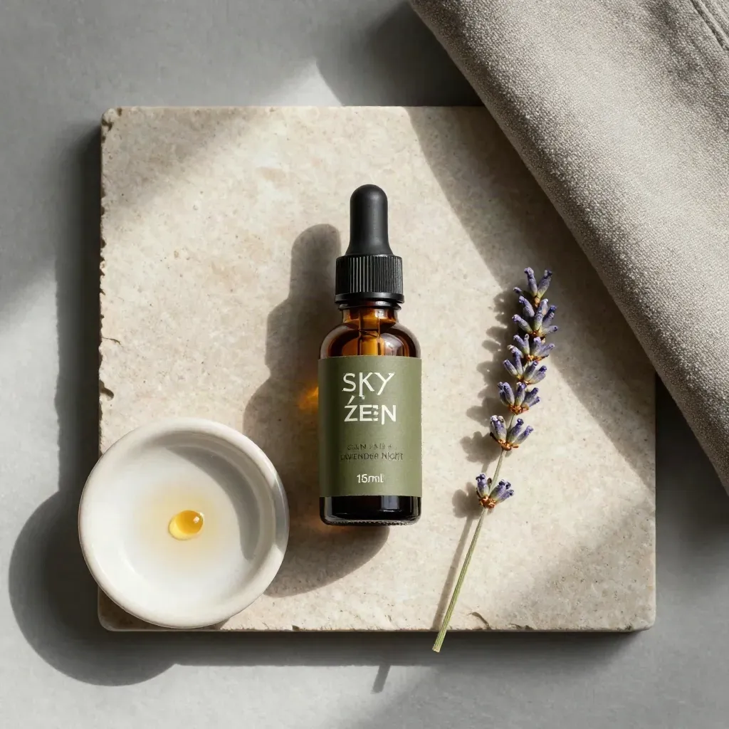 Overhead flatlay of lavender tincture bottle, dropper, stem, dish, and folded cloth on pale stone.