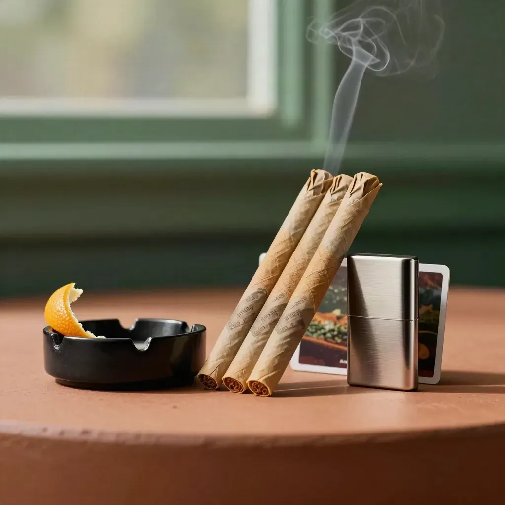 Tipped kraft sleeve with three pre-rolls, ash tray, citrus peel, and metal lighter on terracotta