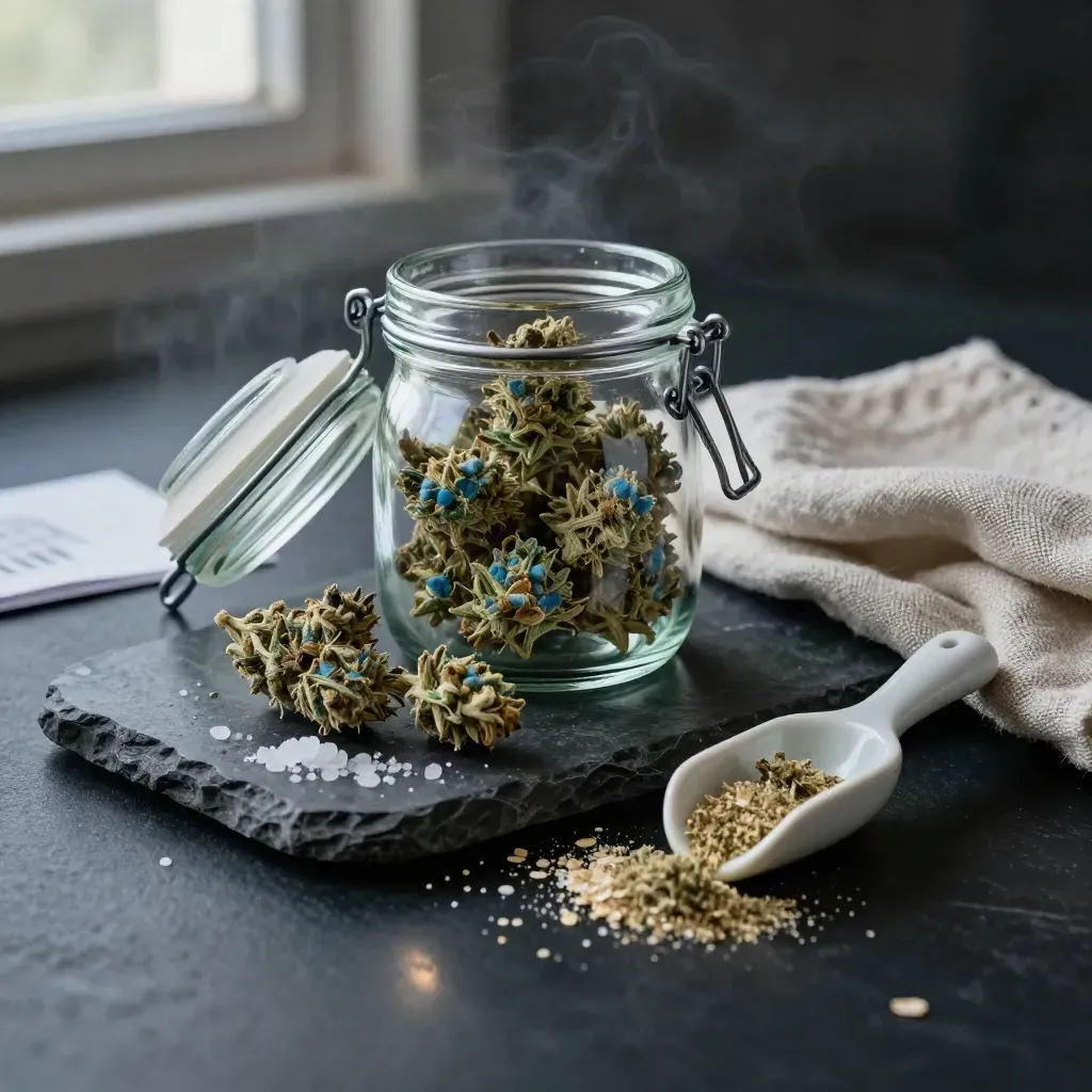 Open glass jar of blue-green cannabis buds on stone tray with scoop and linen in dark studio light.