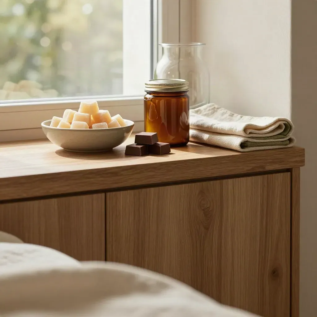 Sunlit oak sunroom niche with cannabis edibles, ceramic bowl, amber jar, linen runner, and soft copy space.