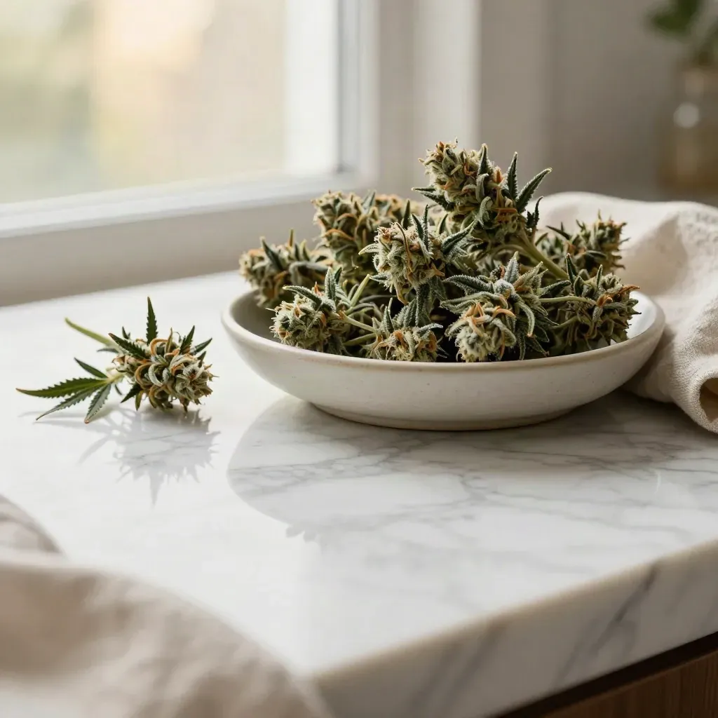 Flower picks on veined marble with ivory bowl and linen in soft rain-lit morning haze
